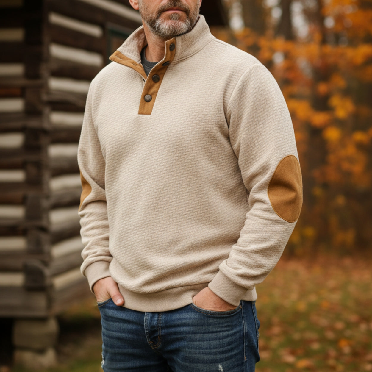 Herre Sweatshirt – Blød bomuldsblanding – Knaplukning – Albuelapper