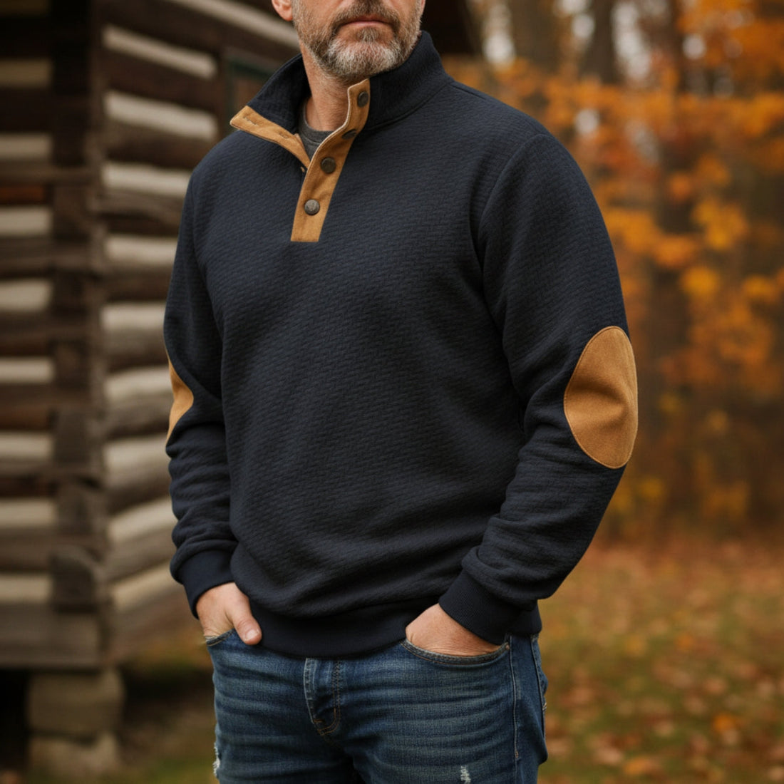 Herre Sweatshirt – Blød bomuldsblanding – Knaplukning – Albuelapper