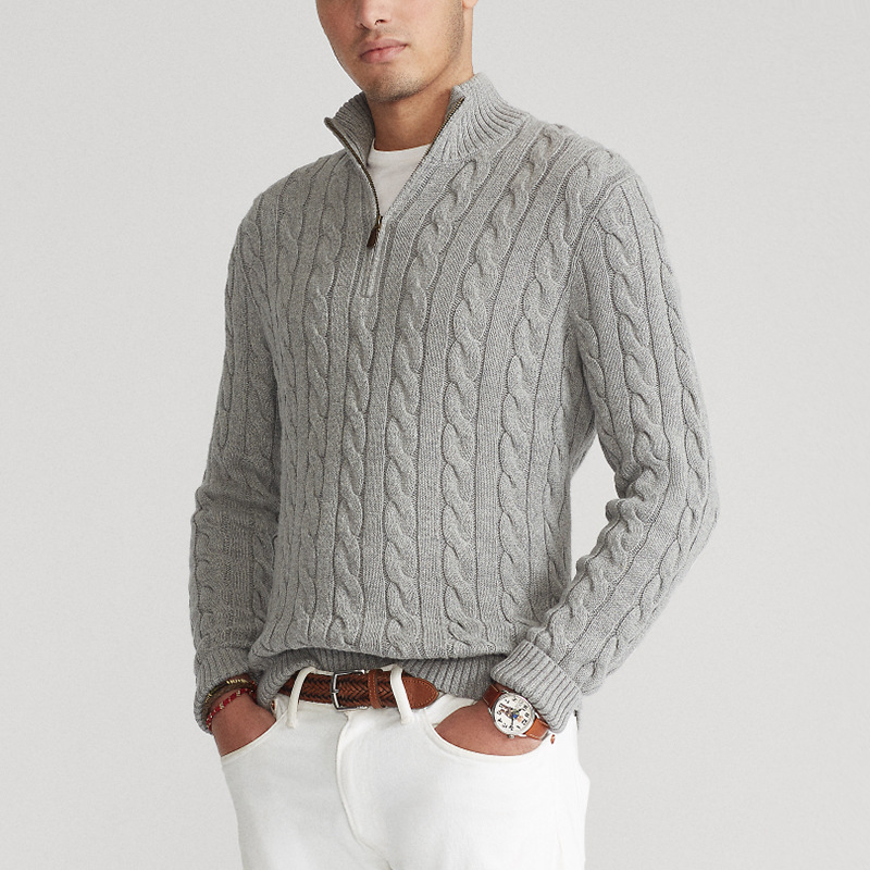 Herre Striktrøje – Half-Zip Pullover – Klassisk Kabelstrik – Varm Vinterstrik
