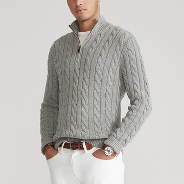 Herre Striktrøje – Half-Zip Pullover – Klassisk Kabelstrik – Varm Vinterstrik