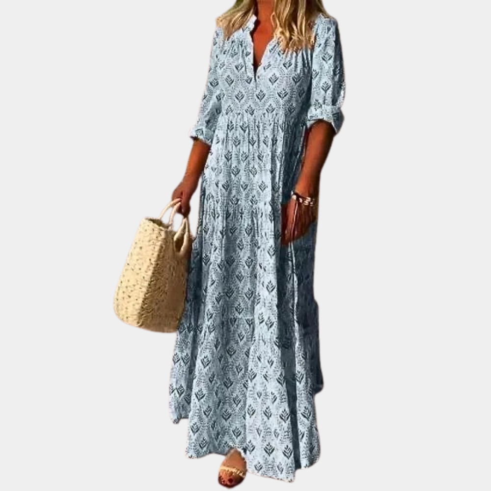 Dame Maxikjole – Afslappet Pasform – V-Hals – Boho Stil – Knaplukning