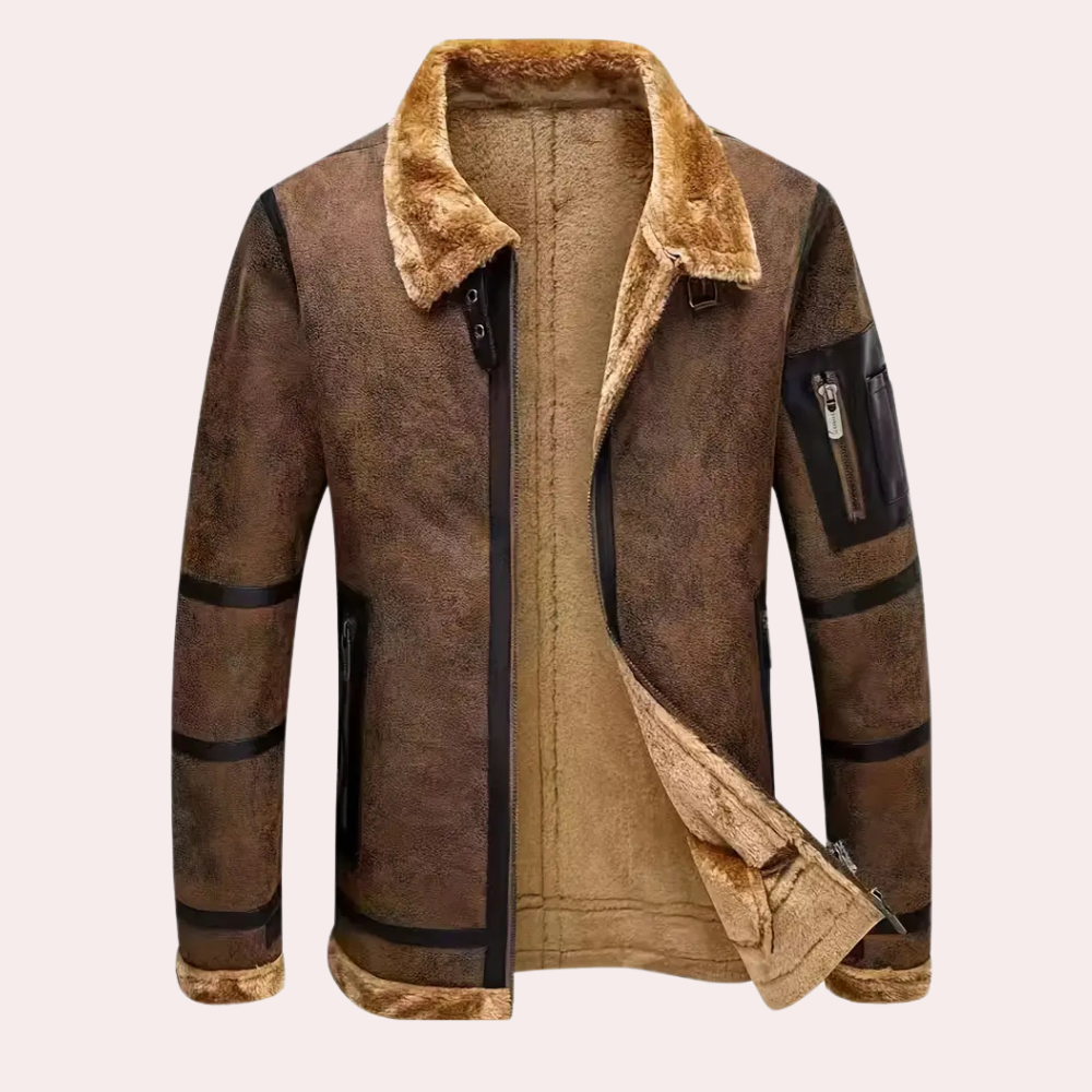 Herre Pilotjakke - Varm Jakke med Imiteret Pelsfor - Klassisk Flyverjakke med Lynlåslommer