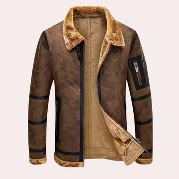 Herre Pilotjakke - Varm Jakke med Imiteret Pelsfor - Klassisk Flyverjakke med Lynlåslommer