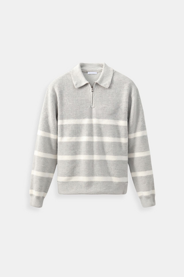 Herre Halv Lynlås Sweater – Strikket Pullover med Striber – Uformel Uldsblanding Jumper – Smart Herretøj