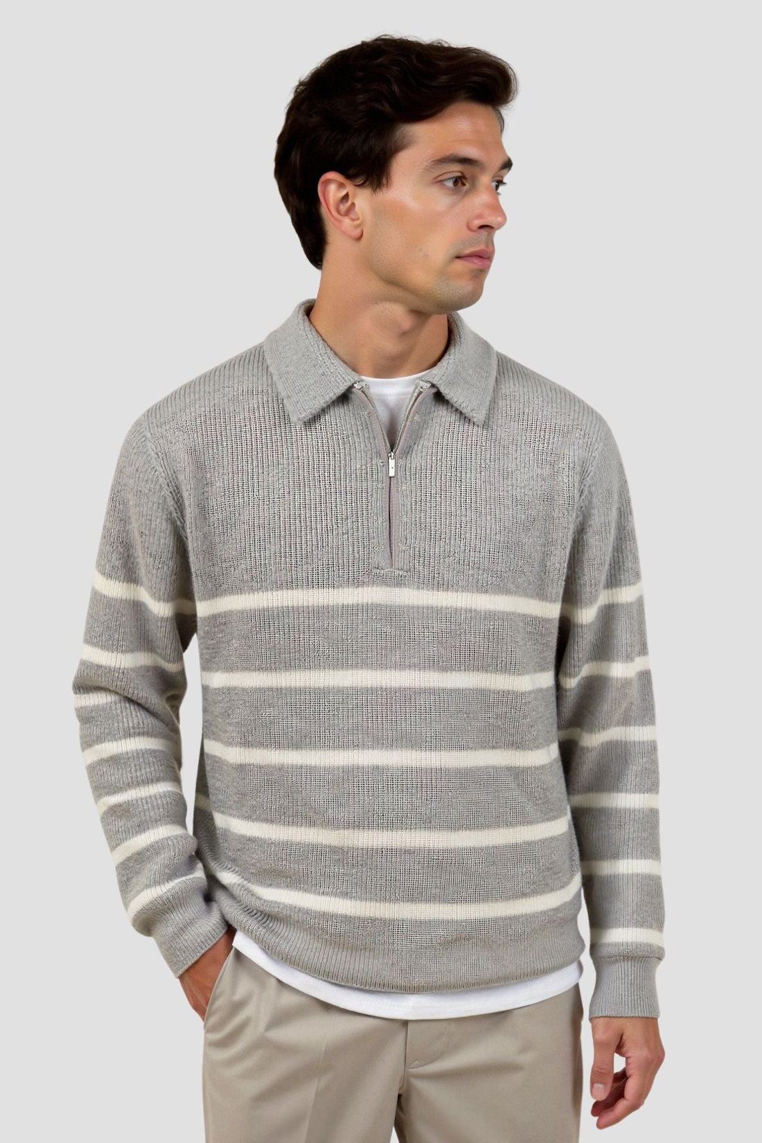 Herre Halv Lynlås Sweater – Strikket Pullover med Striber – Uformel Uldsblanding Jumper – Smart Herretøj