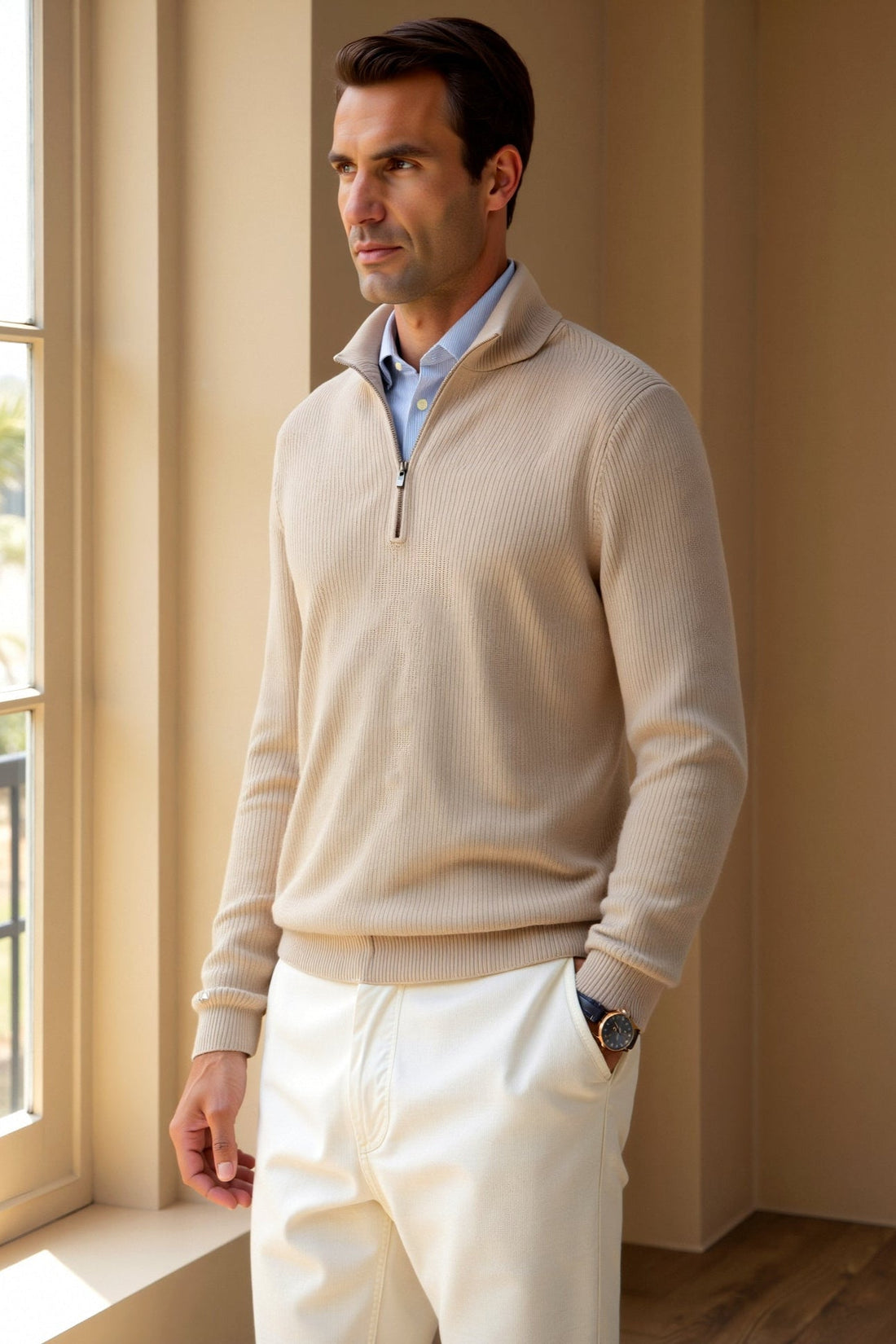 Herre Halv Lynlås Sweater – Klassisk Strikket Uld Pullover – Letvægts Casual Strik – Smart Herretøj