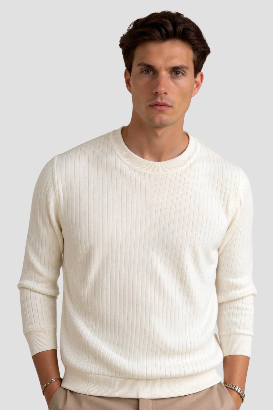 Herre Ribstrikket Sweater – Langærmet Pullover – Klassisk Slim Fit Strik – Letvægts Casual Top