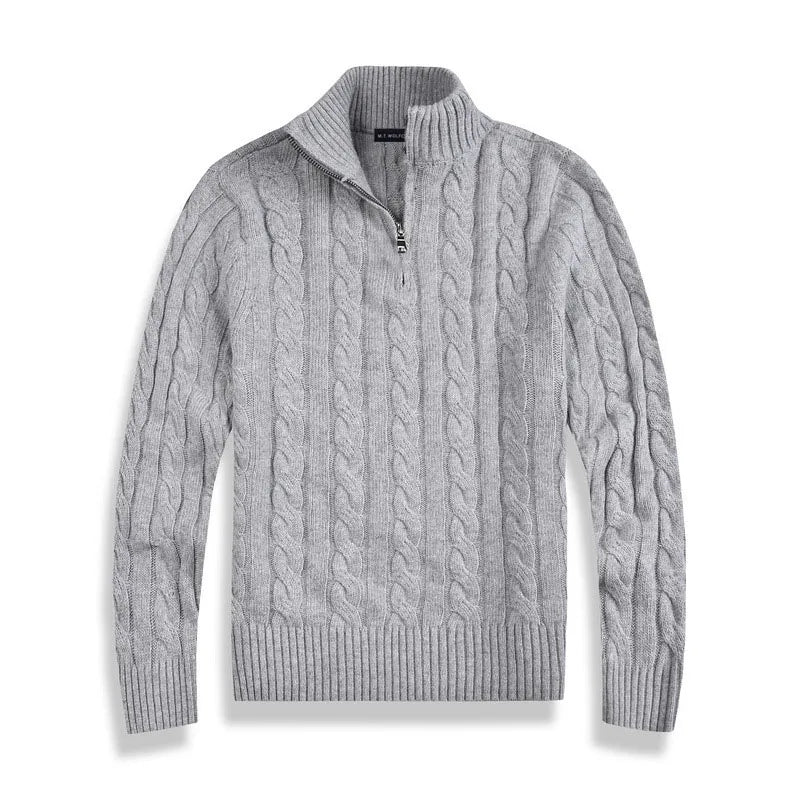 Herre Striktrøje – Half-Zip Pullover – Klassisk Kabelstrik – Varm Vinterstrik