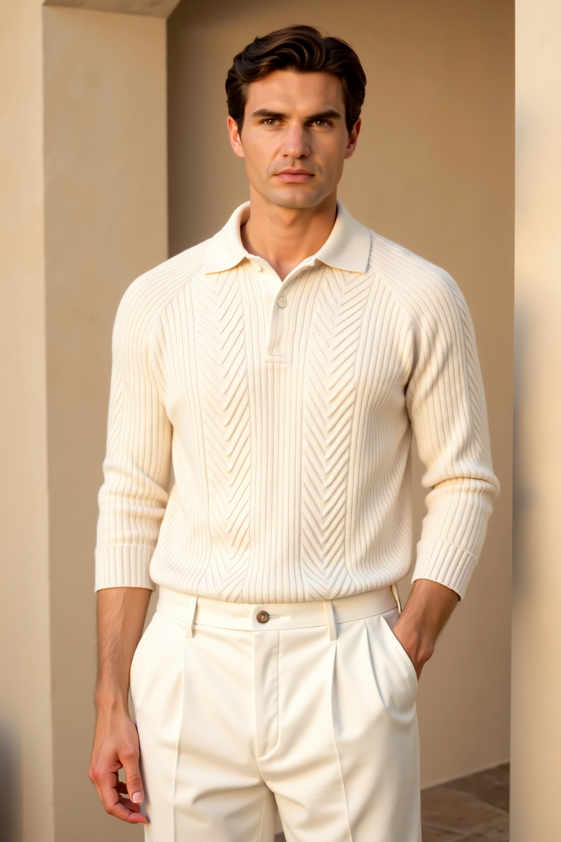Herre Strikpolo – Langærmet Pullover – Retro Kabelstrik – Smart Casual Striktrøje