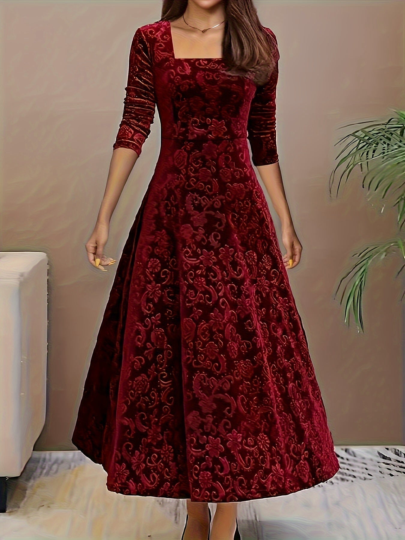 Dame Velour Maxi Kjole – Firkantet Hals – 3/4 Ærmer – Elegant Pasform – Festlook