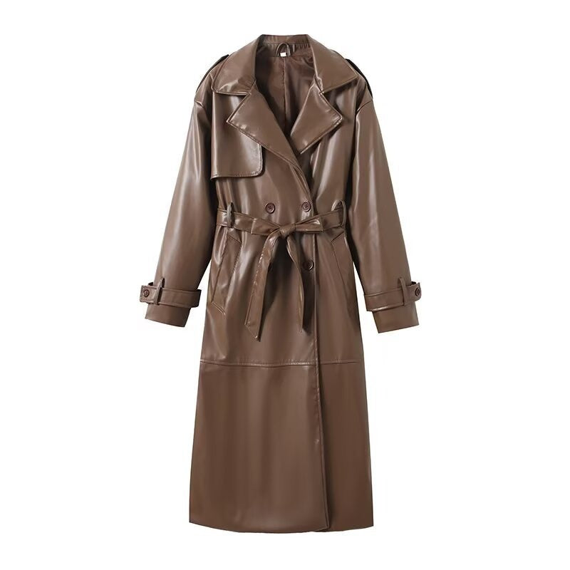 Dame Trench Coat – Bælte – Dobbeltknappet – Syntetisk læder