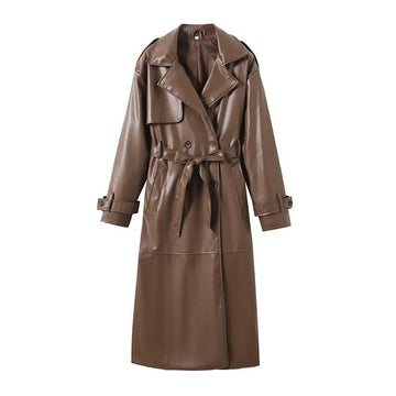 Dame Trench Coat – Bælte – Dobbeltknappet – Syntetisk læder