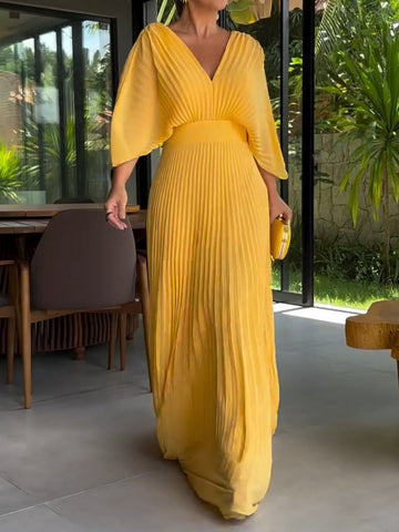 Dame Maxi Kjole – Plisseret Design – V-Hals – Flagermusærmer – Elegant Forårsstil