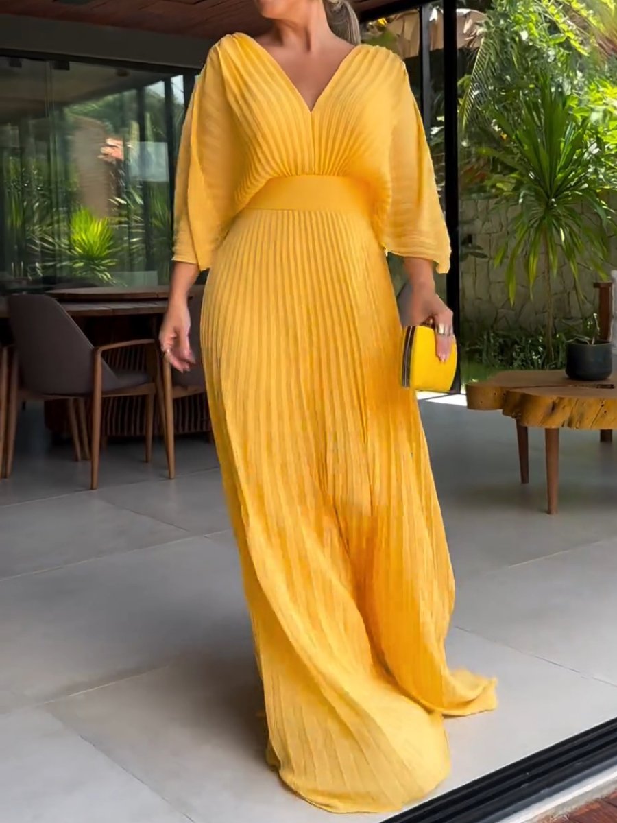 Dame Maxi Kjole – Plisseret Design – V-Hals – Flagermusærmer – Elegant Forårsstil